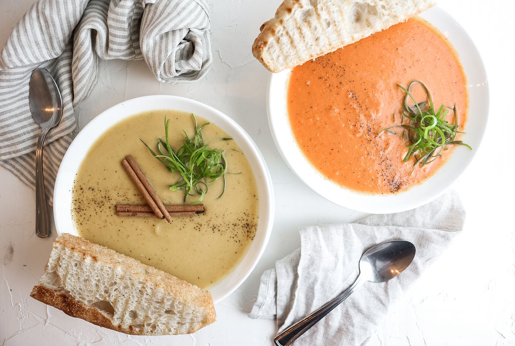 A picture showing warm soup served with bread and cinnamon at Juniper Cafe.